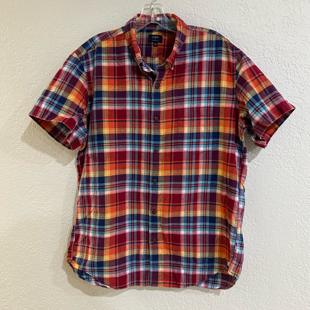 J. Crew Men's Multicolor Plaid Button Down Shirt Short Sleeve Slim Fit Size L